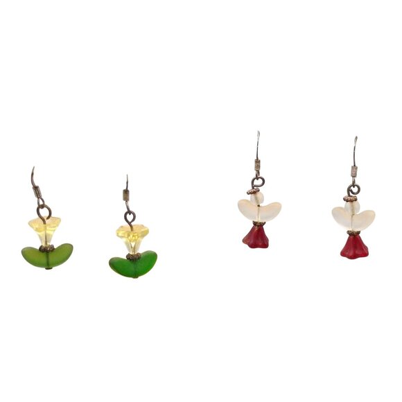 Lot of 2 Vintage Frosted Lucite Tulip Earrings, Red and White Hanging Blooms - Picture 1 of 4